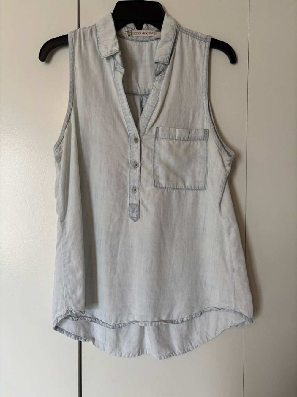 Chelsea & Violet Light Wash Chambray Sleeveless Henley